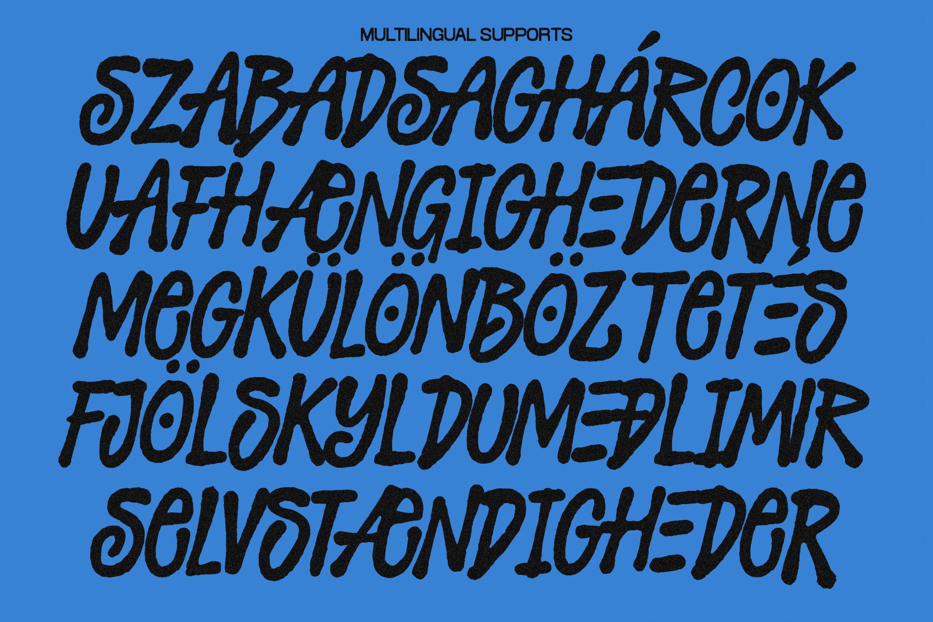 Bold handwritten text on bright blue background in multiple languages with spray paint style