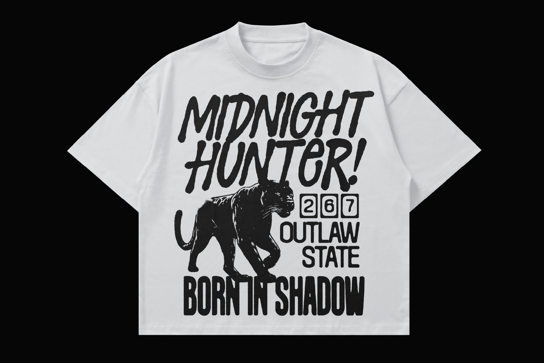 White tee with black graffiti text saying Midnight Hunter, 267 Outlaw State, Born in Shadow