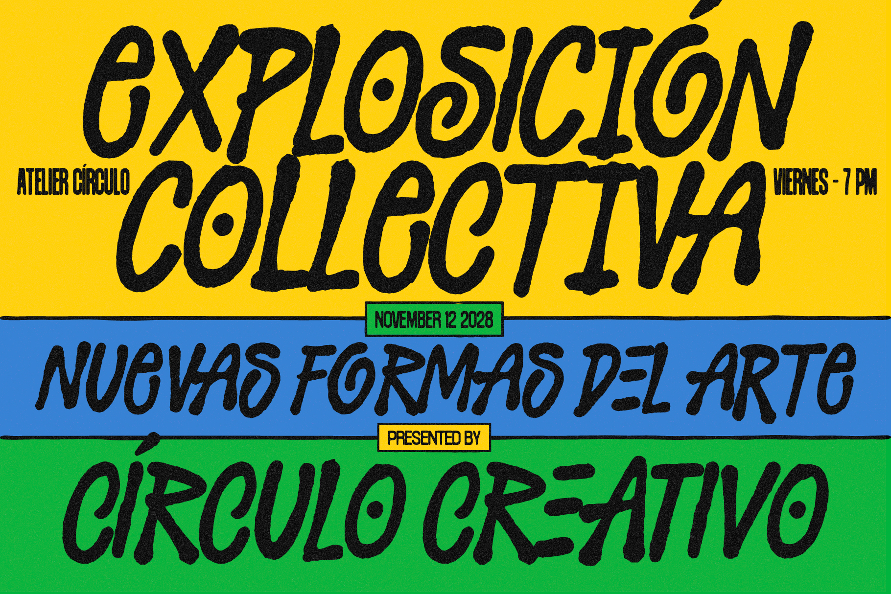Bold black text explosion collectiva on yellow blue green color blocked poster layout