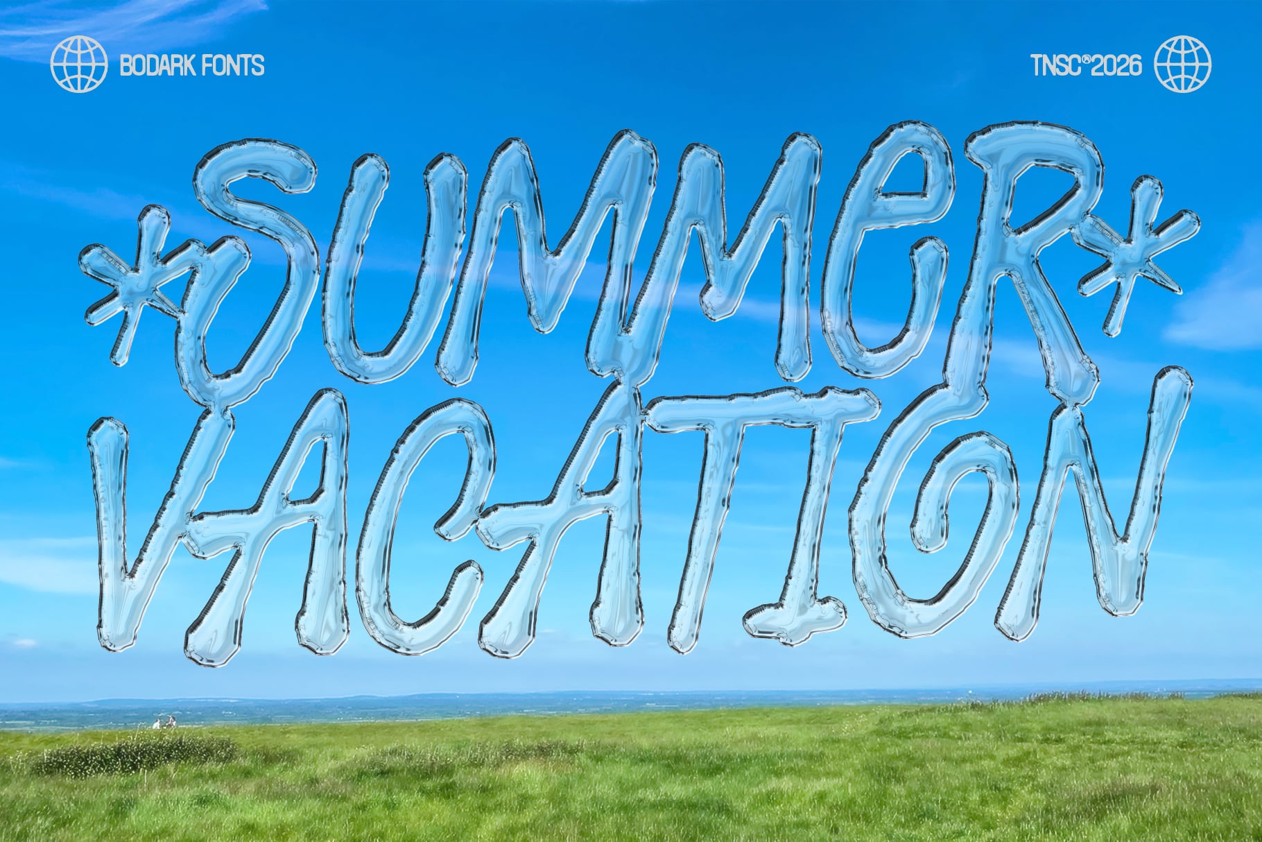 Glossy blue 3D letters spelling summer vacation against scenic sky landscape