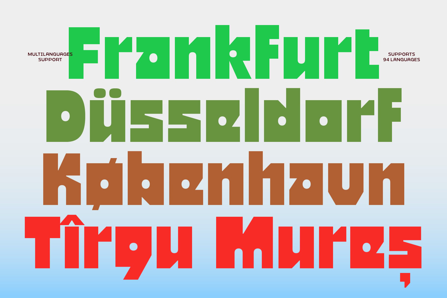 Multilanguage font specimen showing Frankfort Düsseldorf Koreanhaun Tirol Murze in green brown red