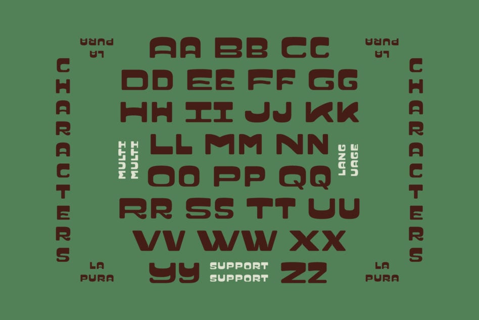 Character set showing uppercase letters multilingual support on green background with brown type