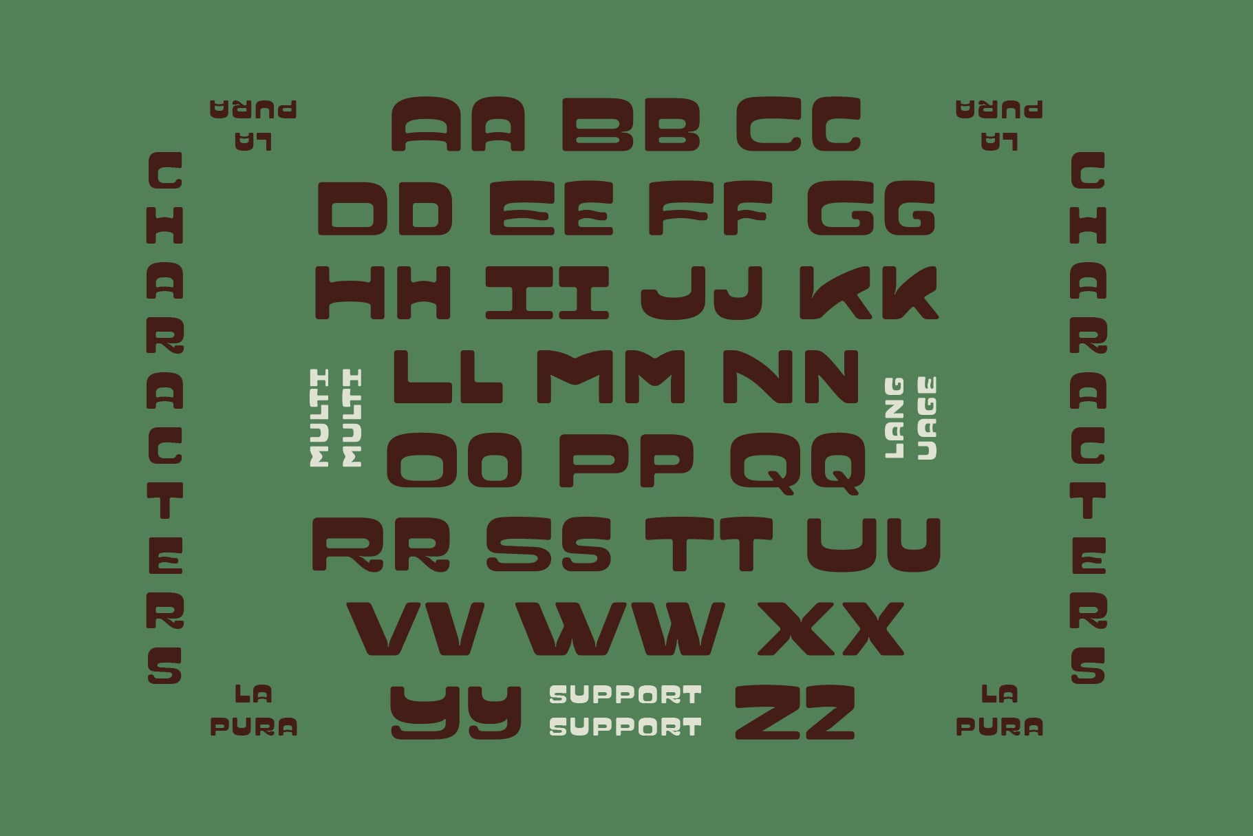 Character set showing uppercase letters multilingual support on green background with brown type