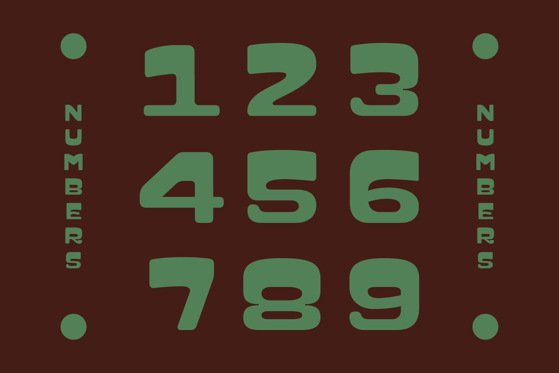 Numbers 1 2 3 4 5 6 7 8 9 displayed in large green type on dark brown background