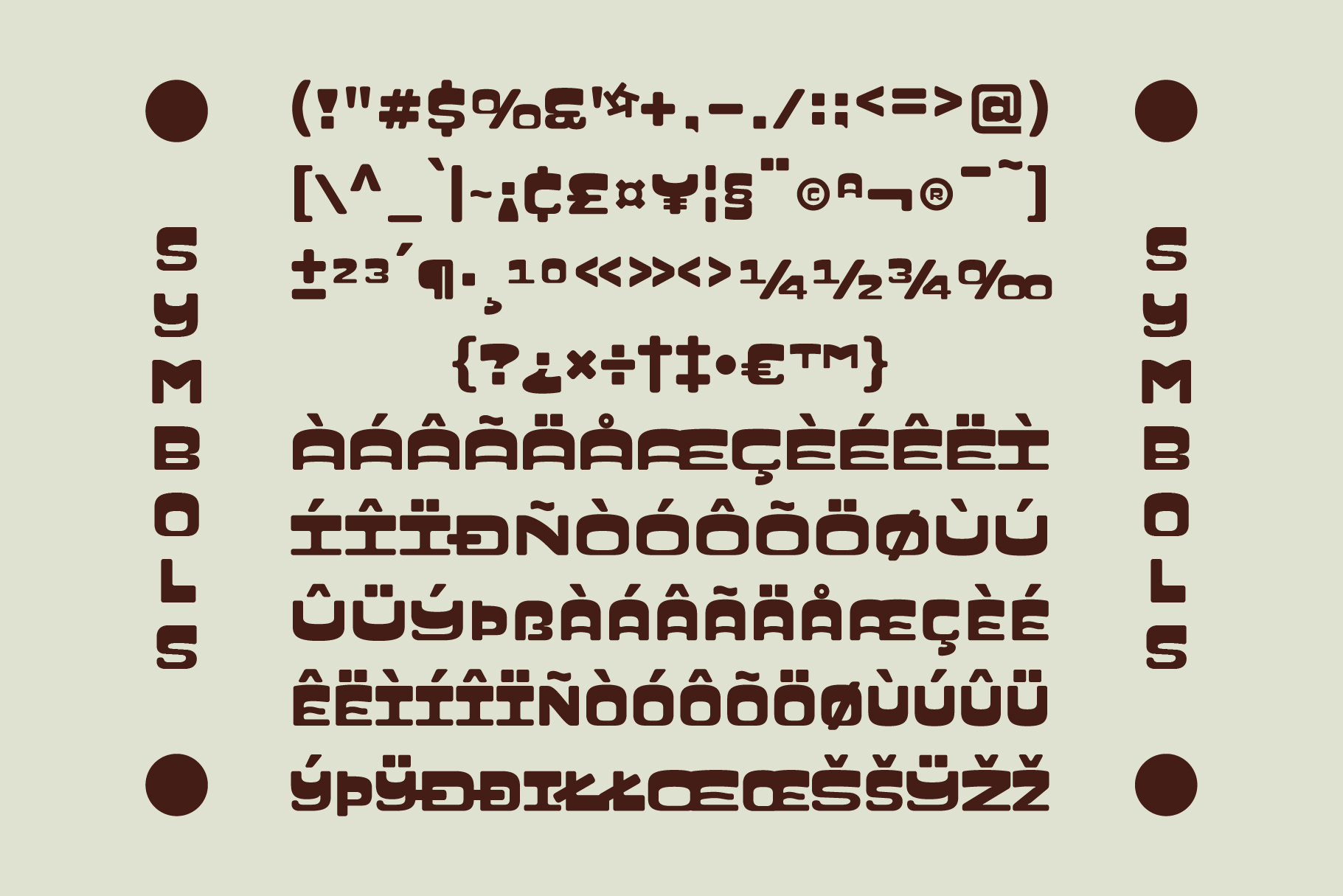 Font specimen showing full character set with symbols, numbers, accents on cream background