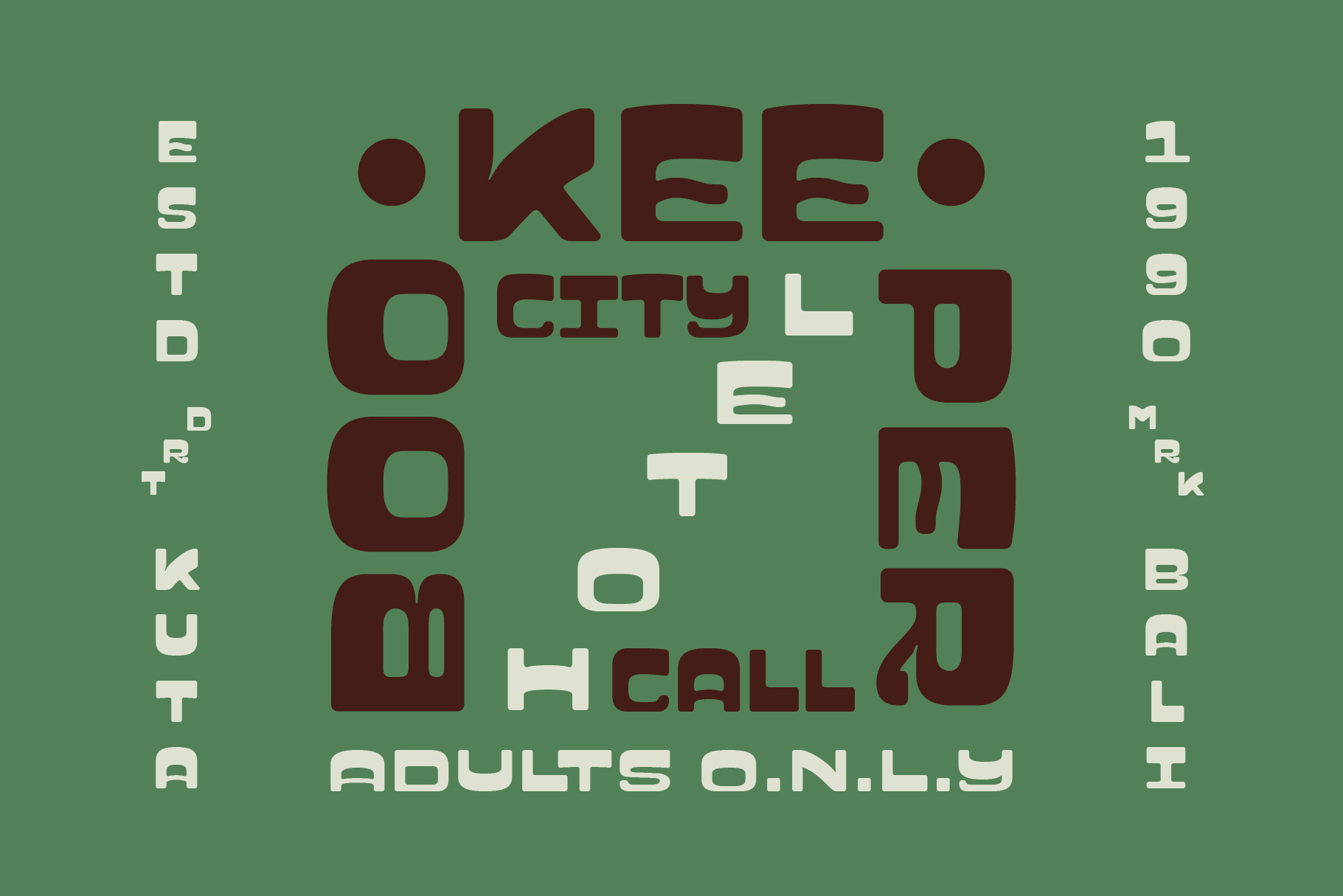 Kee City typeface specimen with mixed brown, cream, green on sage green