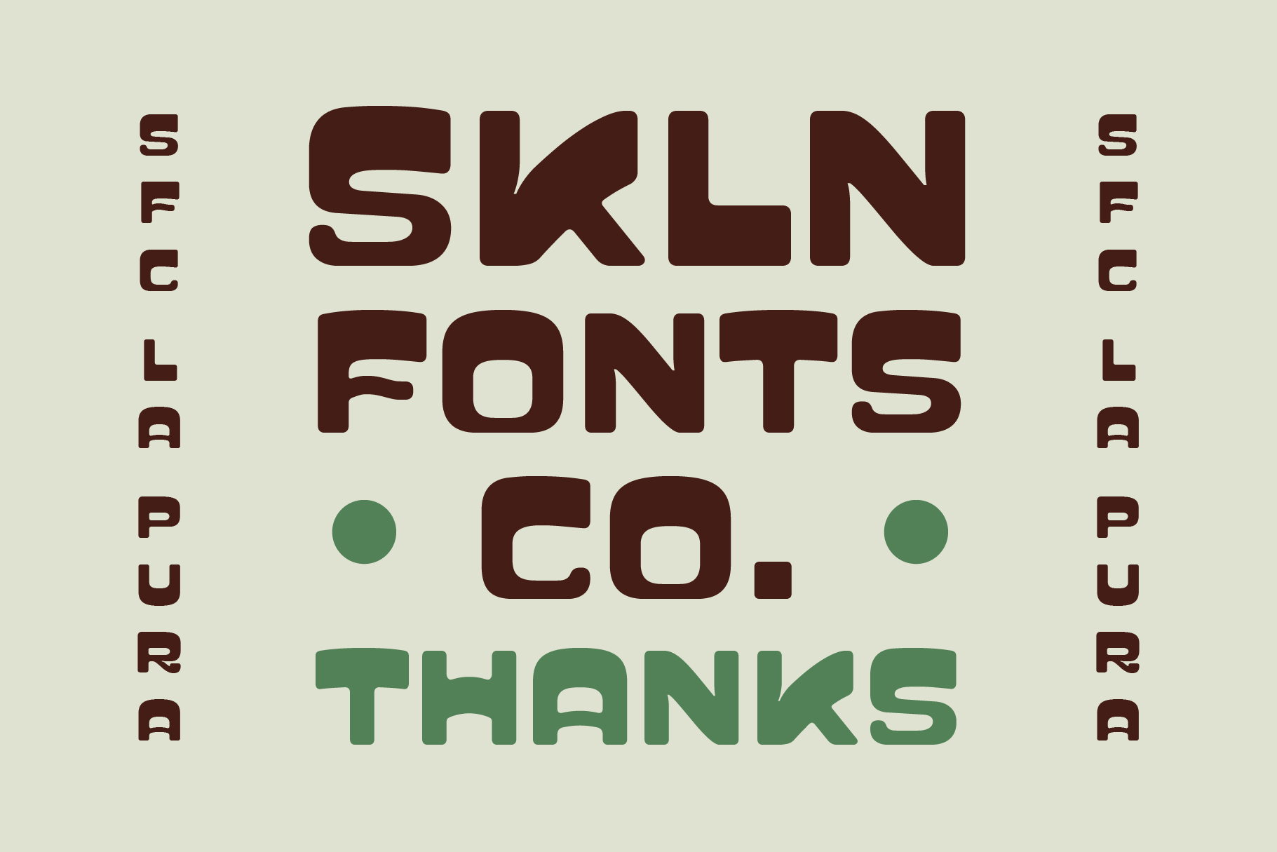 Skilline Fonts Co showcase with brown type, green accents, vertical text