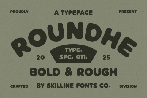 Pounde typeface specimen showing bold rounded letterforms on sage green