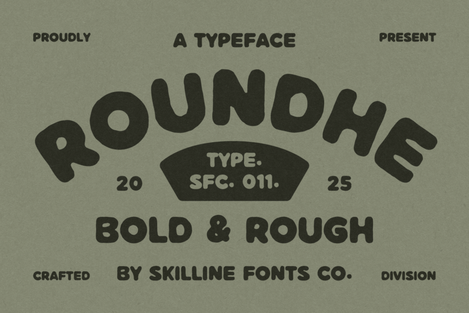 Pounde typeface specimen showing bold rounded letterforms on sage green