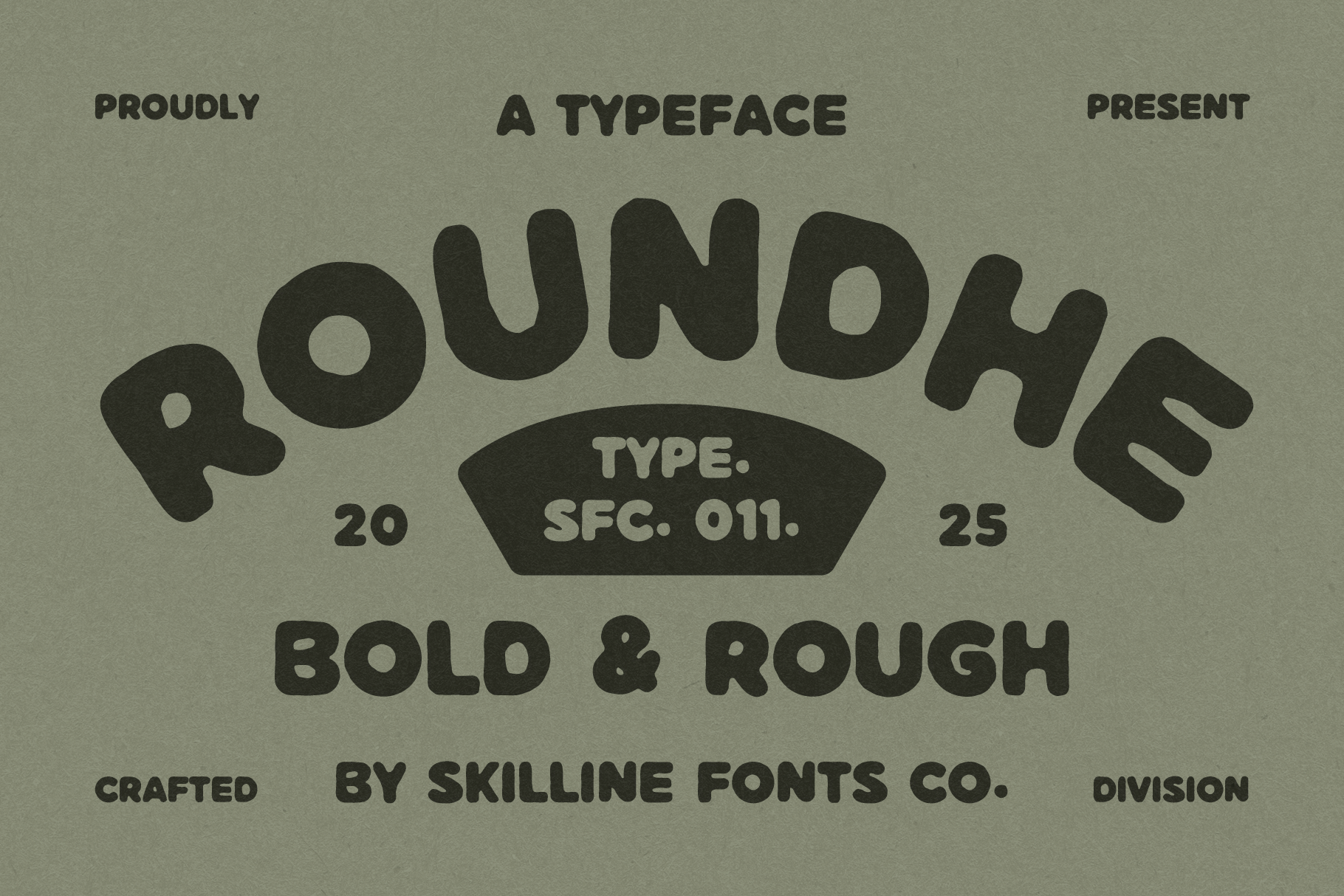 Pounde typeface specimen showing bold rounded letterforms on sage green