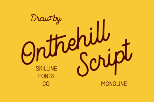 Onthehill Script monoline font display by Skilline Fonts Co on yellow