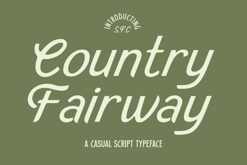 Country Fairway script typeface title with serif italic styling on muted green background