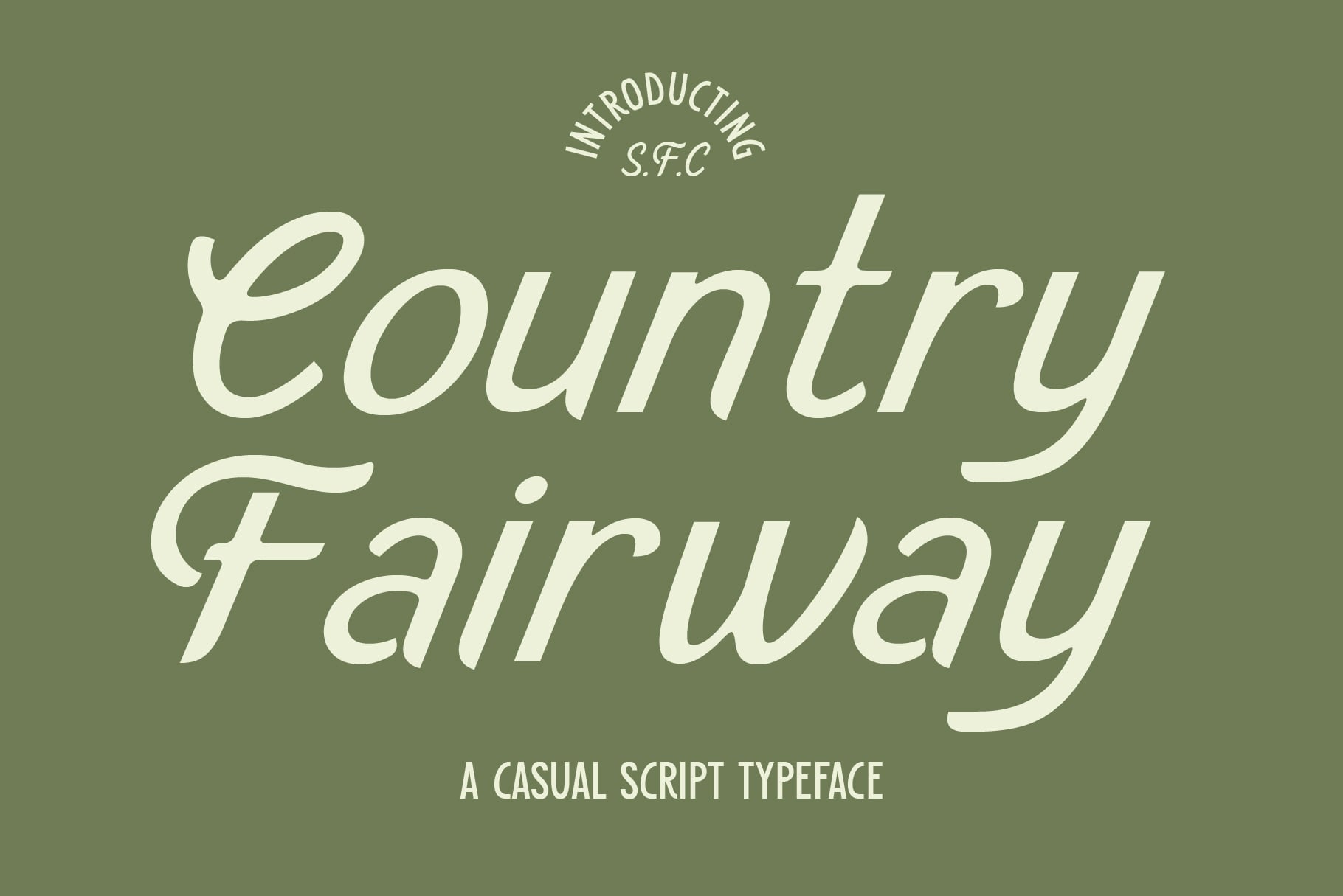 Country Fairway script typeface title with serif italic styling on muted green background