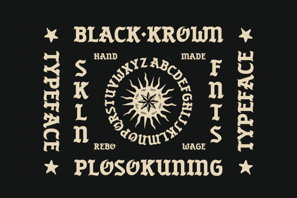 Black Crown font display with mystical star symbols arranged in circular layout