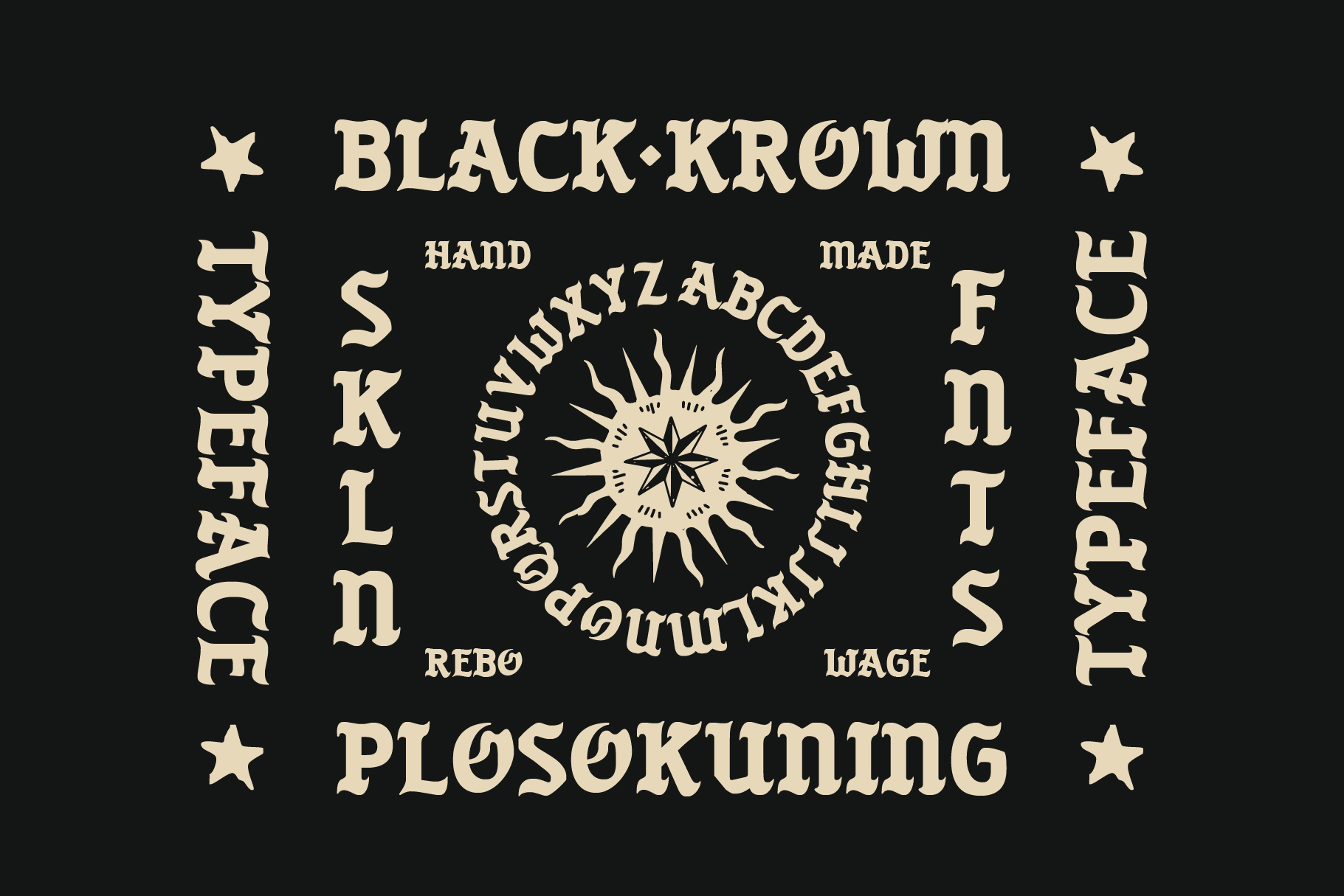 Black Crown font display with mystical star symbols arranged in circular layout