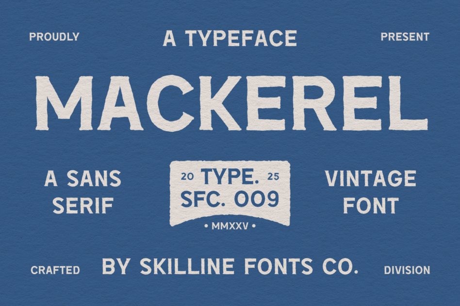 Mackerel vintage sans serif typeface on blue background with brand details