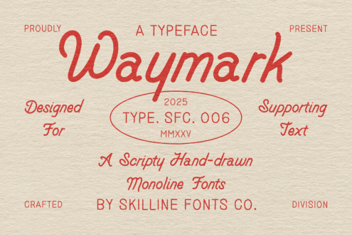 Waymark Typeface promotional image showcasing a scripty hand-drawn monoline font. Ideal for designers seeking unique typography digital assets. Fonts category.