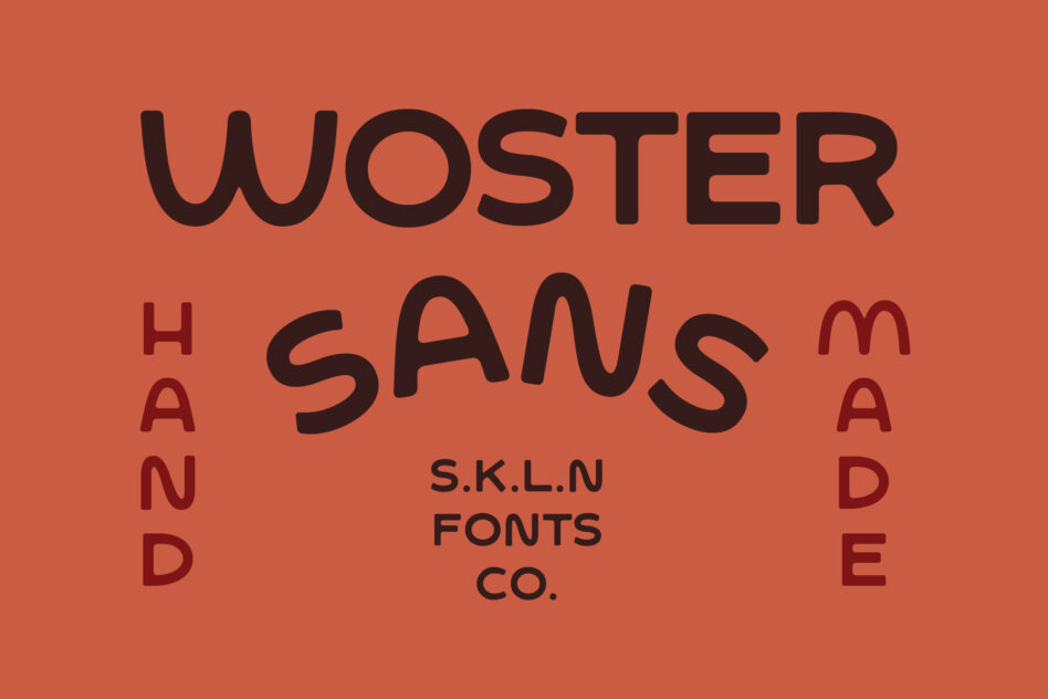 Woster Sans font display with character set on rust orange background