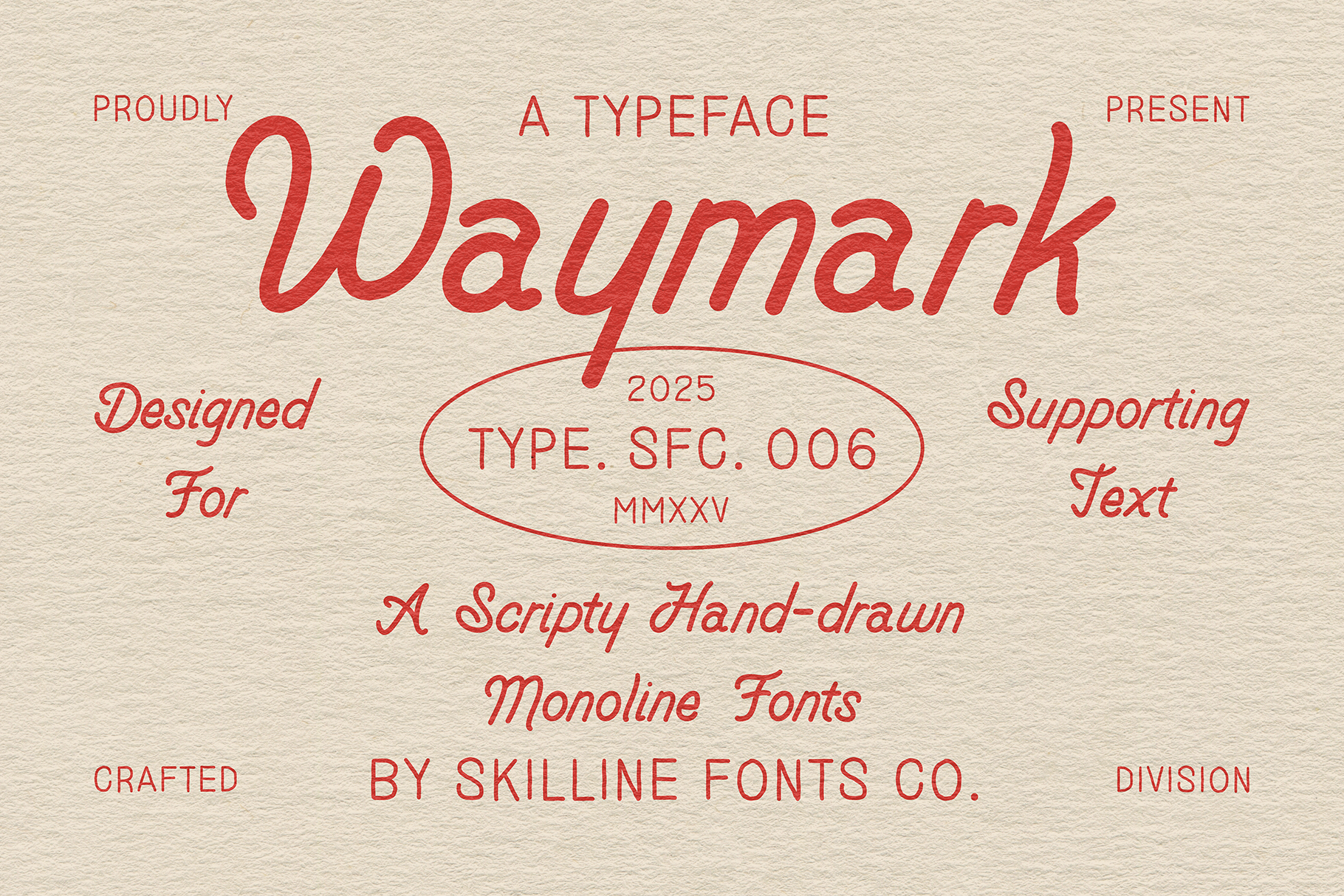 Waymark Typeface promotional image showcasing a scripty hand-drawn monoline font. Ideal for designers seeking unique typography digital assets. Fonts category.