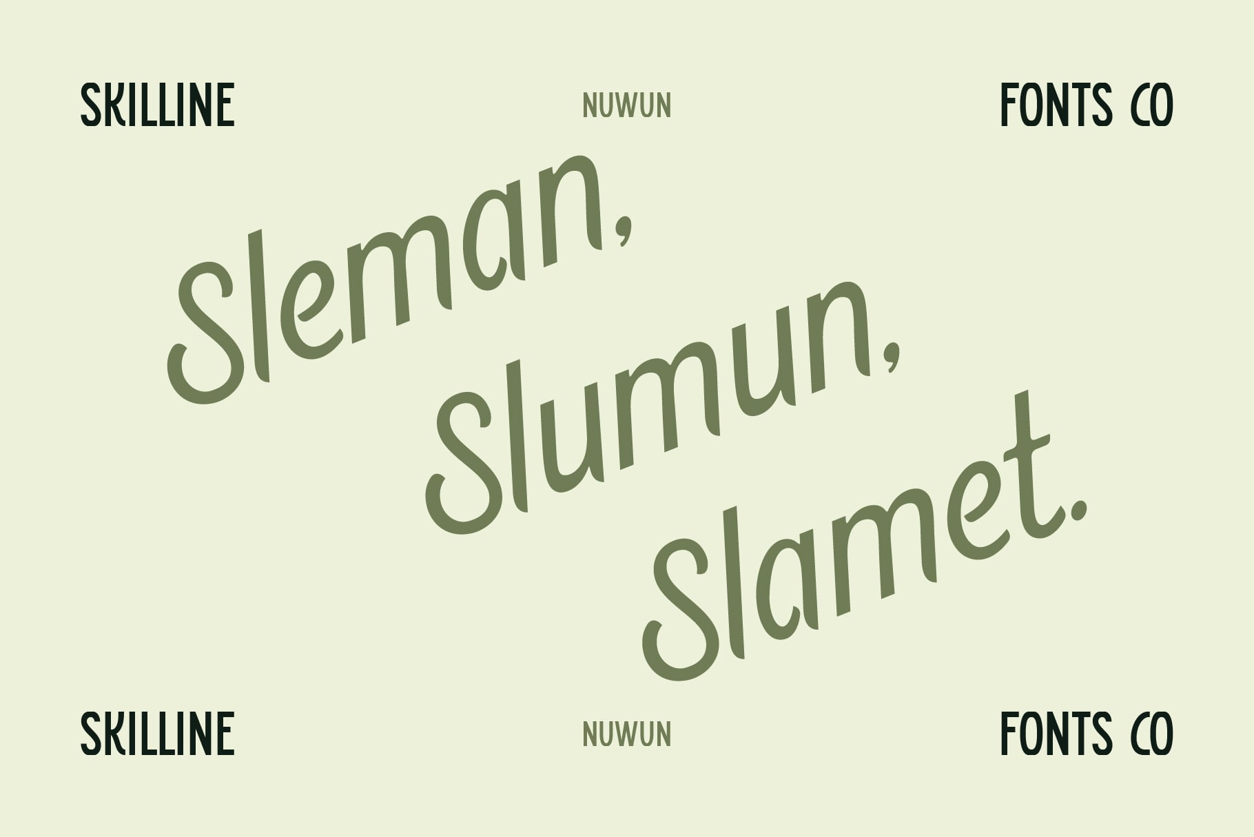 Font specimen showing Nuwun typeface with playful diagonal text layout