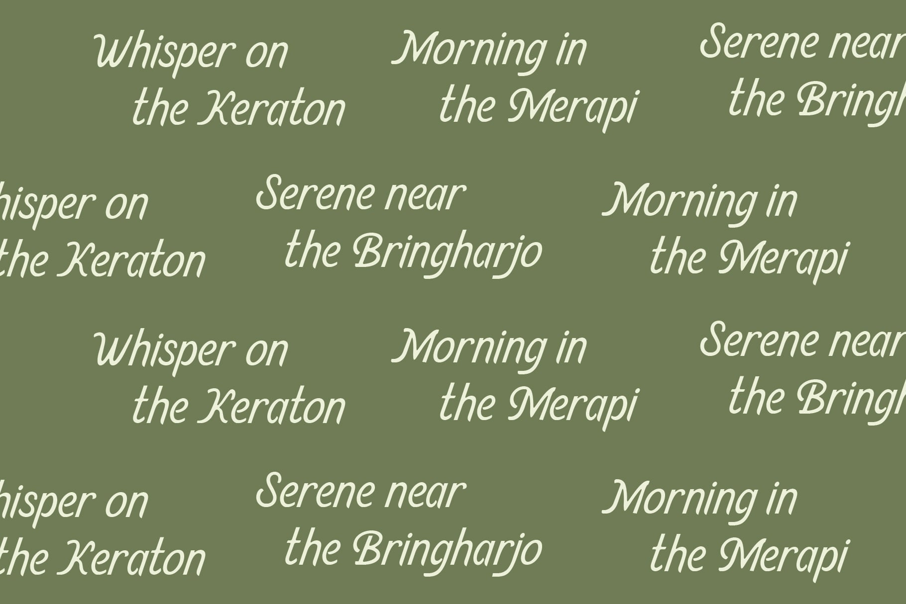Repeating italic text sample showing Keraton, Merapi, Bringhajo phrases