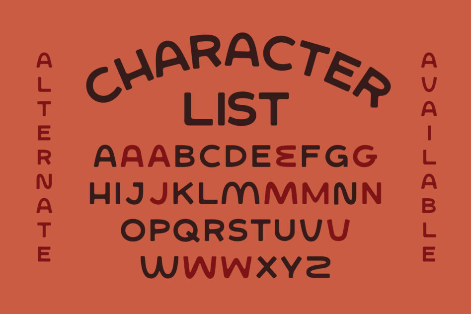 Character list showing full alphabet in geometric sans serif typeface