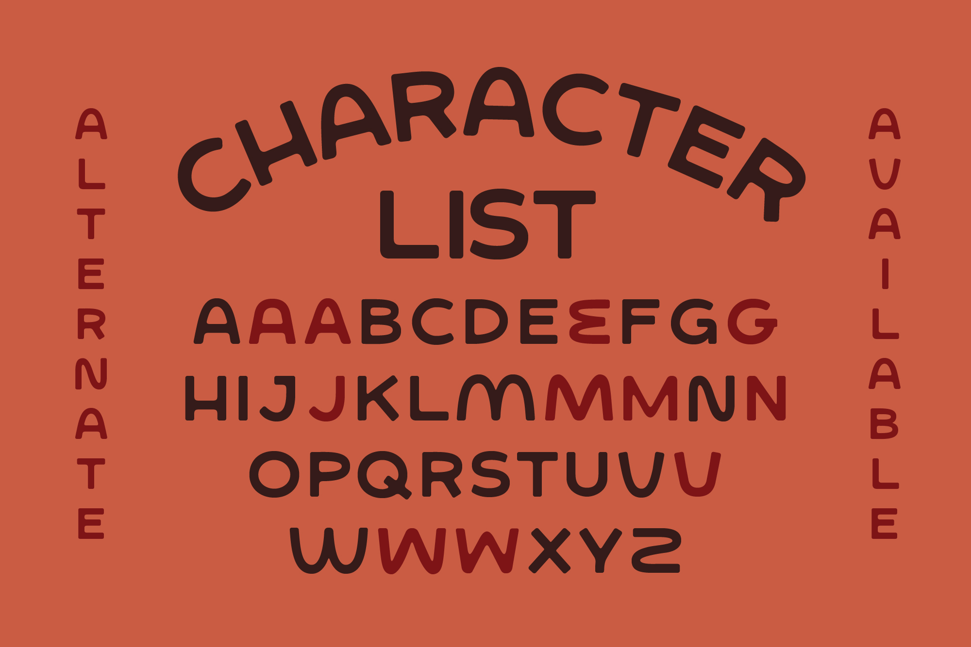 Character list showing full alphabet in geometric sans serif typeface