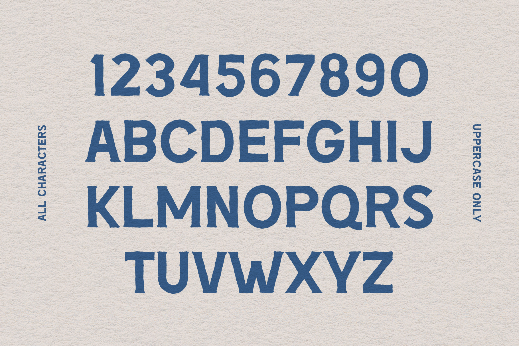Bold uppercase font with numbers 0-9 displayed on textured background. Perfect for designers seeking unique typography assets and creative graphic projects.