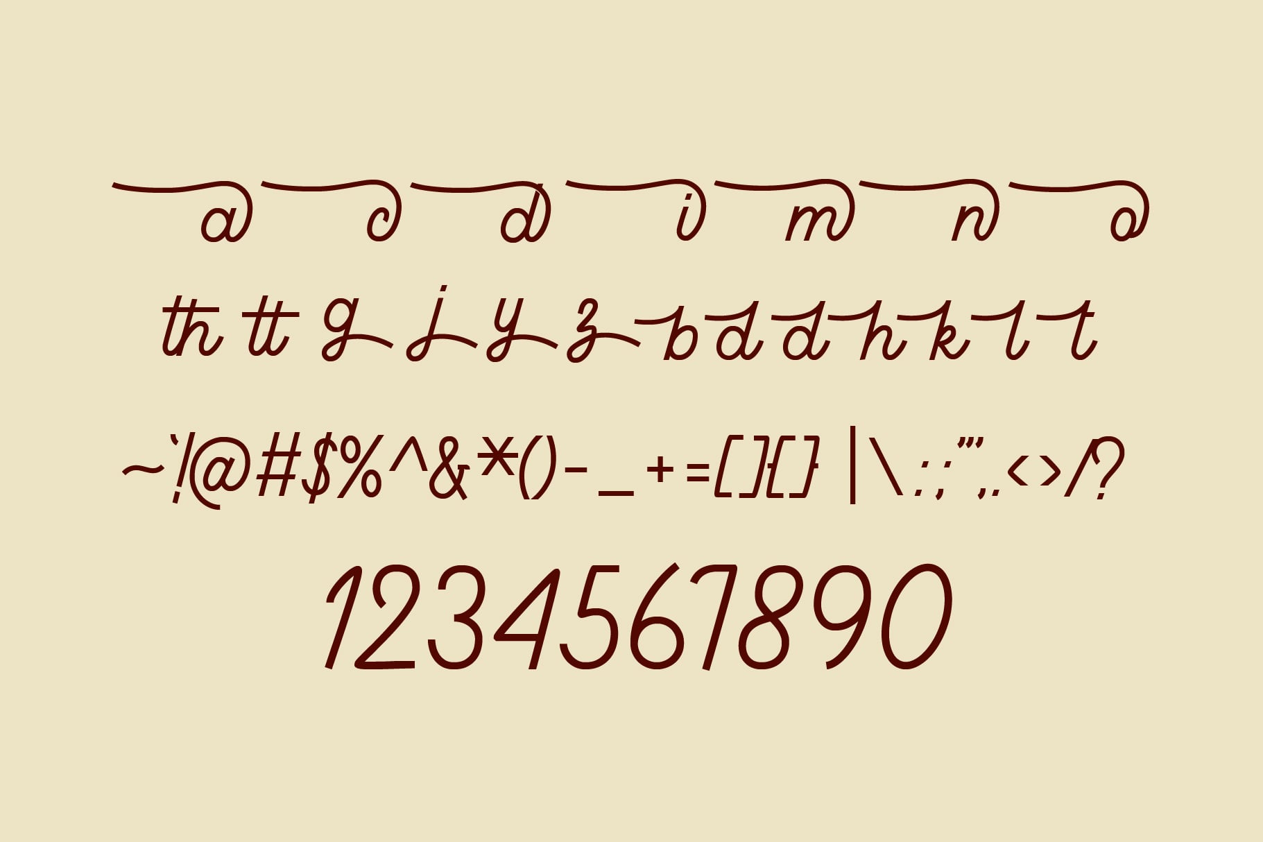 Curved script font character set with numbers, symbols, ligatures on cream