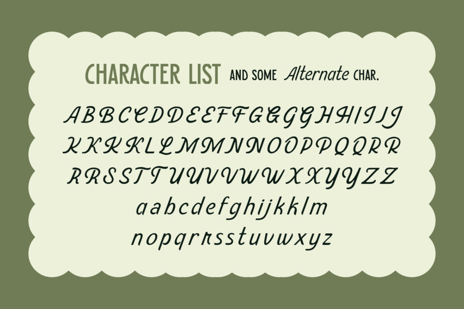 Character list with alternate glyphs in italic serif font shown on cream rounded banner with green background