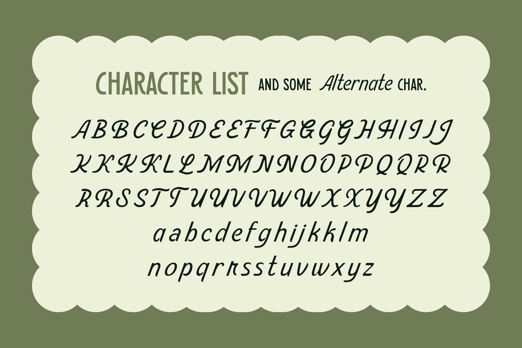 Character list with alternate glyphs in italic serif font shown on cream rounded banner with green background