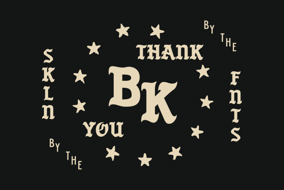 Thank you card with scattered stars, cream text on black background