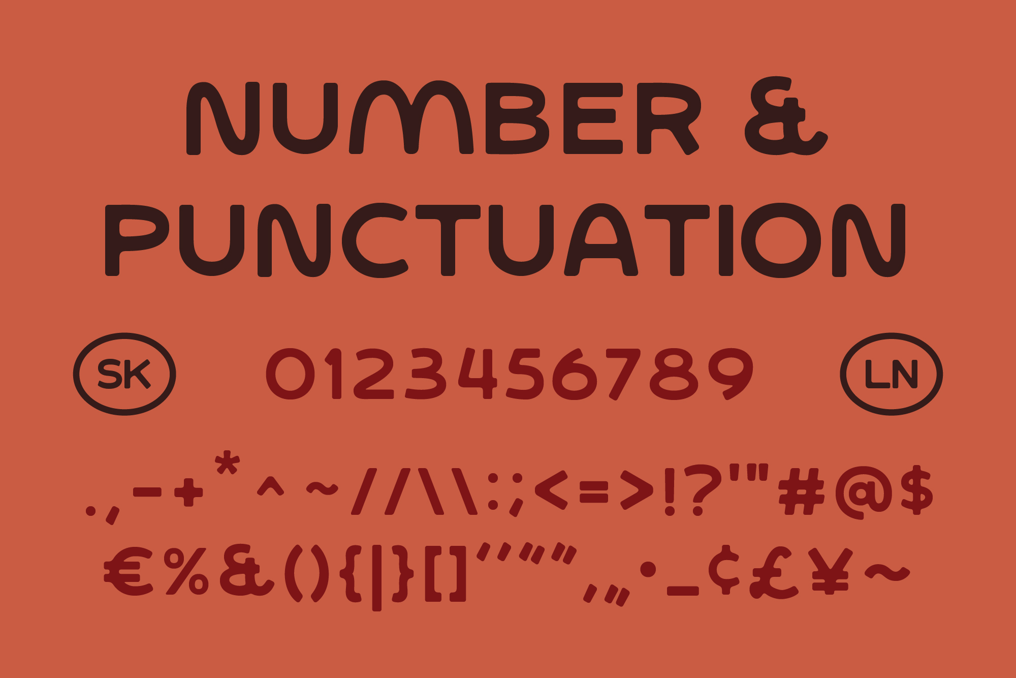 Woster Sans font showing numbers, punctuation marks, special characters on rust orange