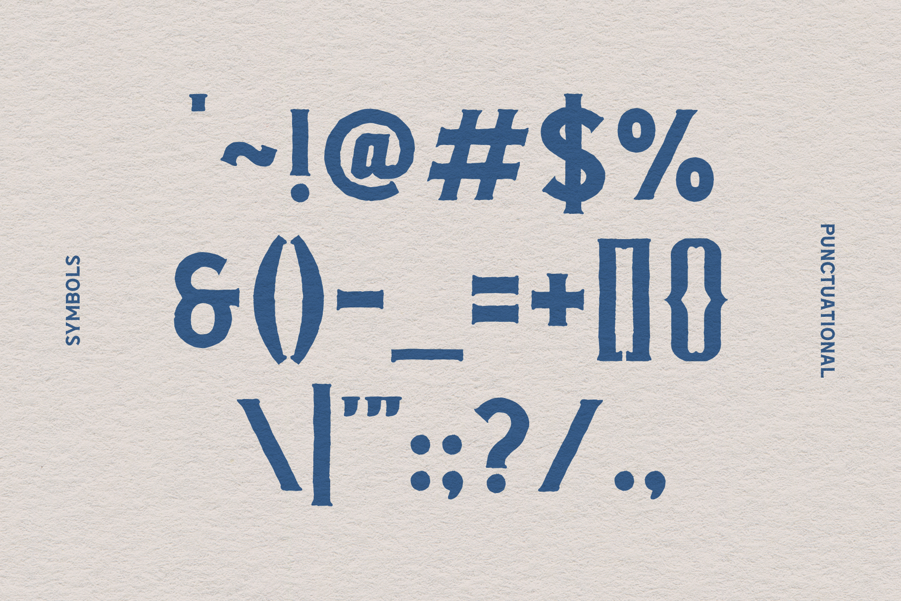 Blue typographic symbols on textured background showcasing various punctuation marks. Ideal for designers seeking unique font elements in graphic design.