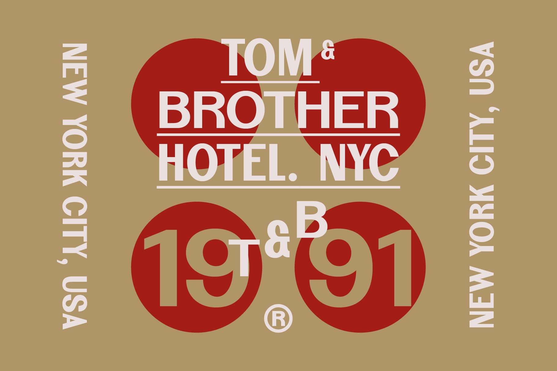 Tan background with red circles showing Tom Brother Hotel NYC 1991 vintage logo design