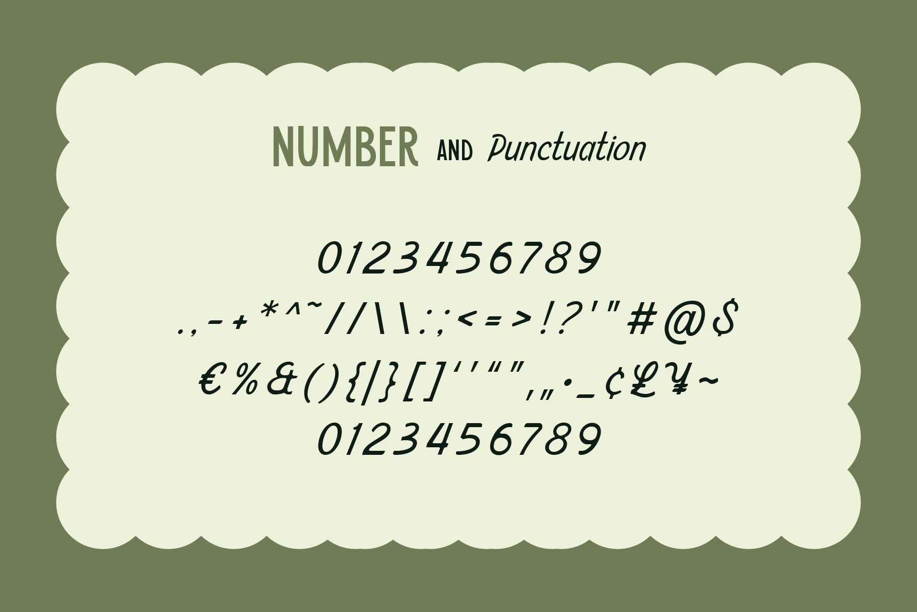 Numbers plus punctuation marks displayed in italic serif on cream scalloped banner with green background