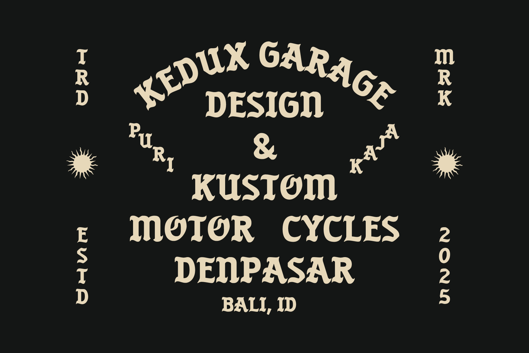 Retro garage badge with ornate lettering, cream on black with suns