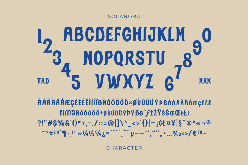 Solanora typeface displaying full character set with numbers accents symbols