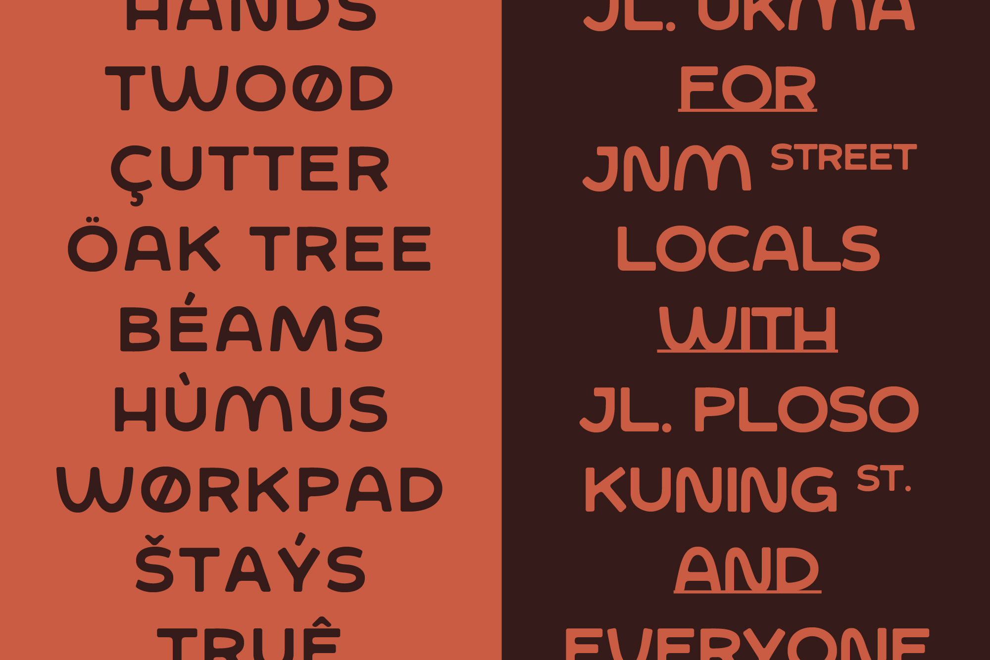 Woster Sans font displaying local Indonesian location names on split rust orange background