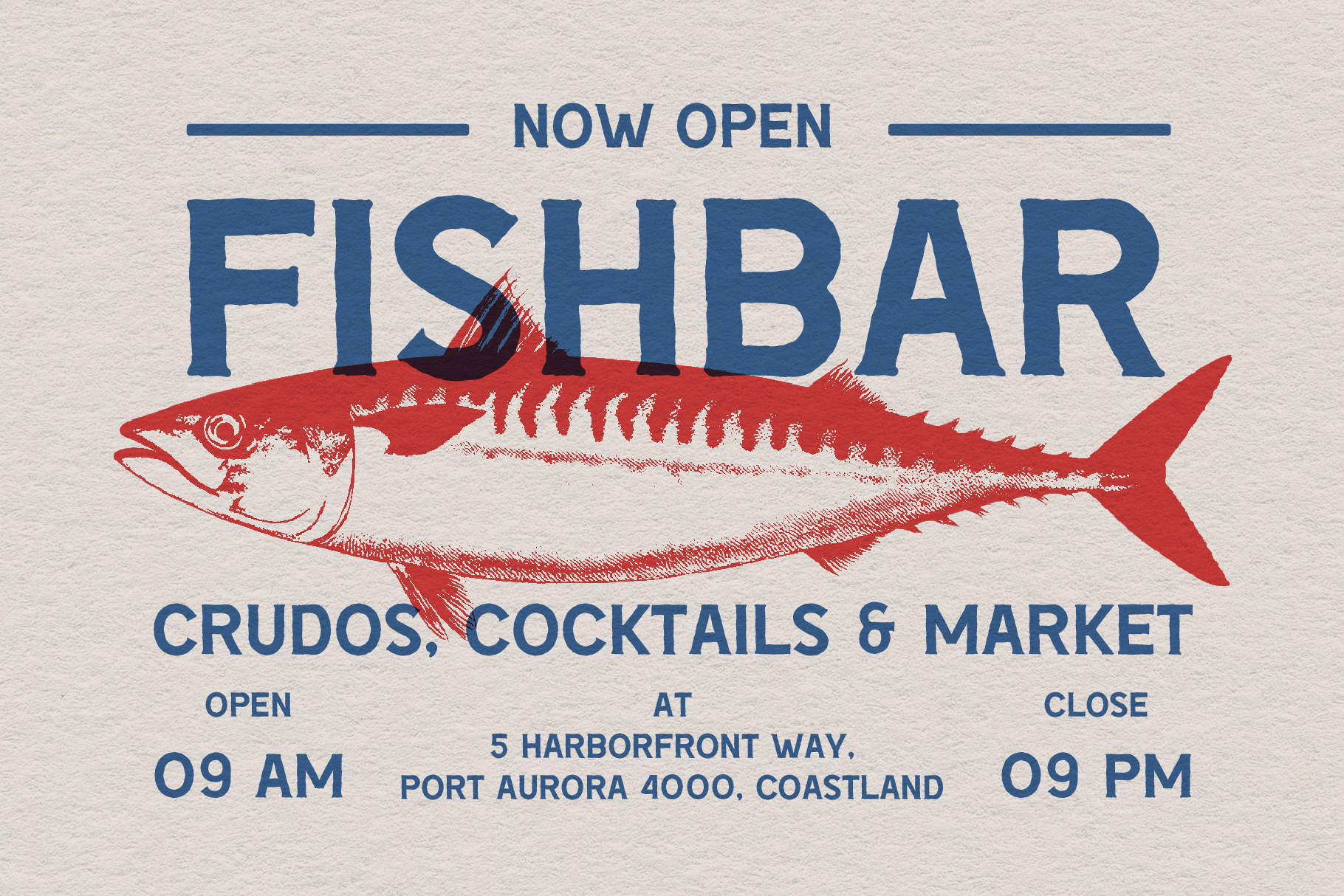 Fishbar opening flyer with bold typography and red fish illustration. Showcases crudos cocktails and market theme. Ideal for designers seeking graphic elements.