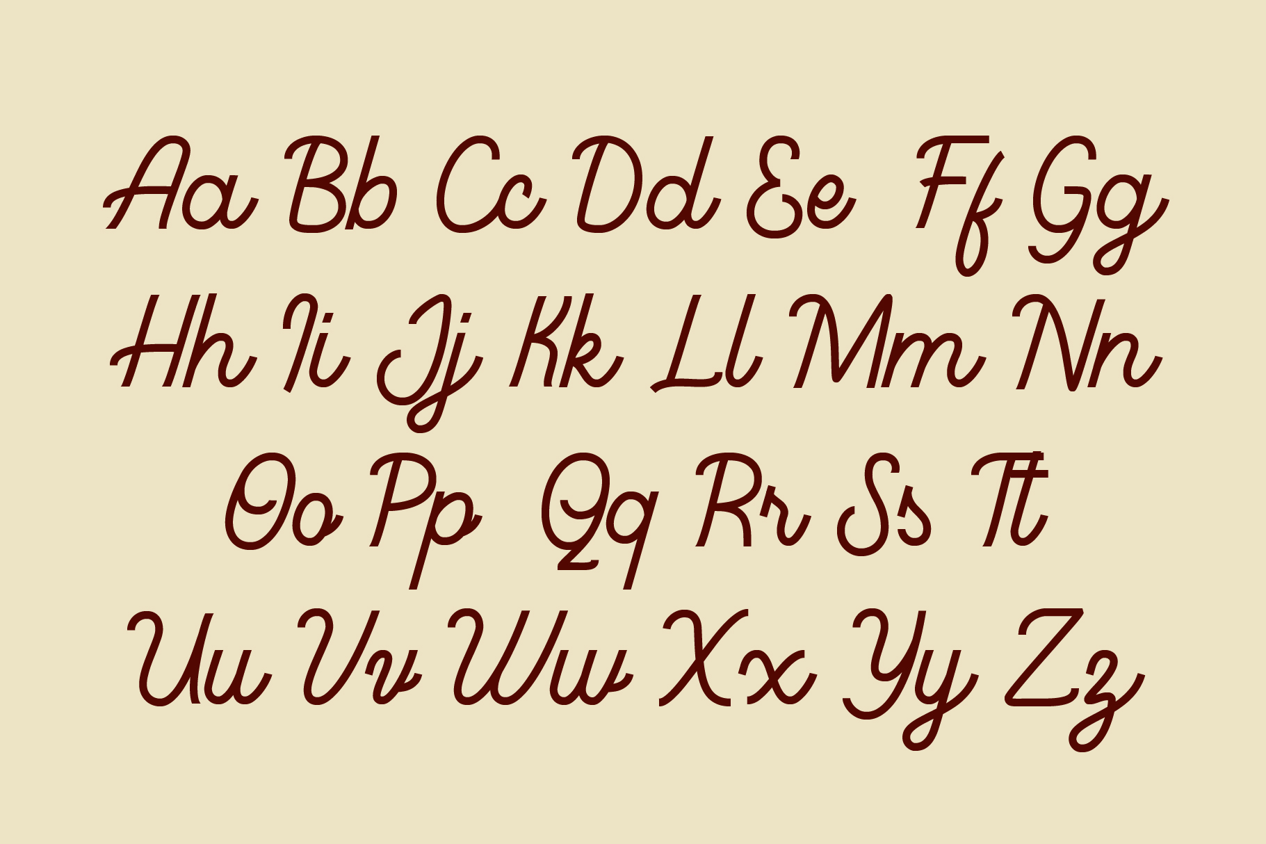 Italic serif font alphabet display in maroon on beige background