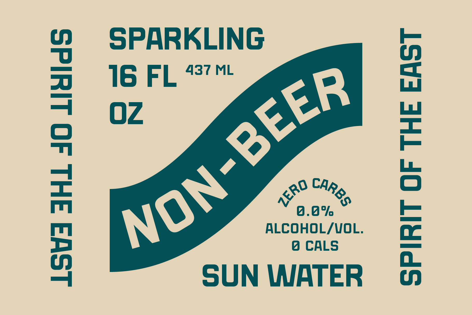Non-beer sparkling sun water beverage label with teal curved banner