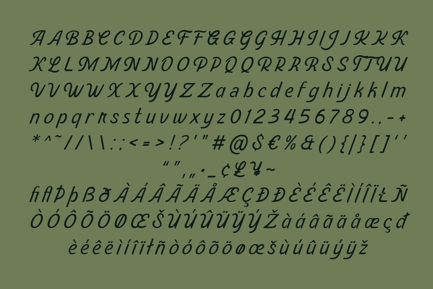 Italic serif font specimen showing uppercase, lowercase, numbers, symbols with accented characters on sage green