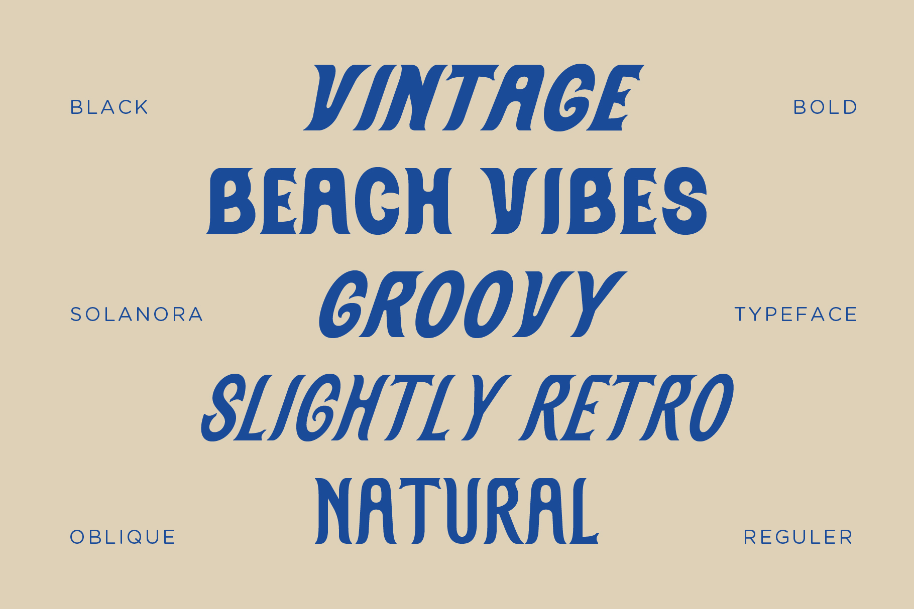 Solanora font showing vintage beach vibes groovy typeface in blue on cream