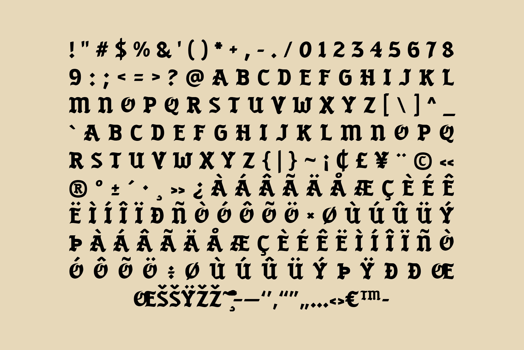 SFC Black Krøwn font character set showing all letters, numbers, symbols