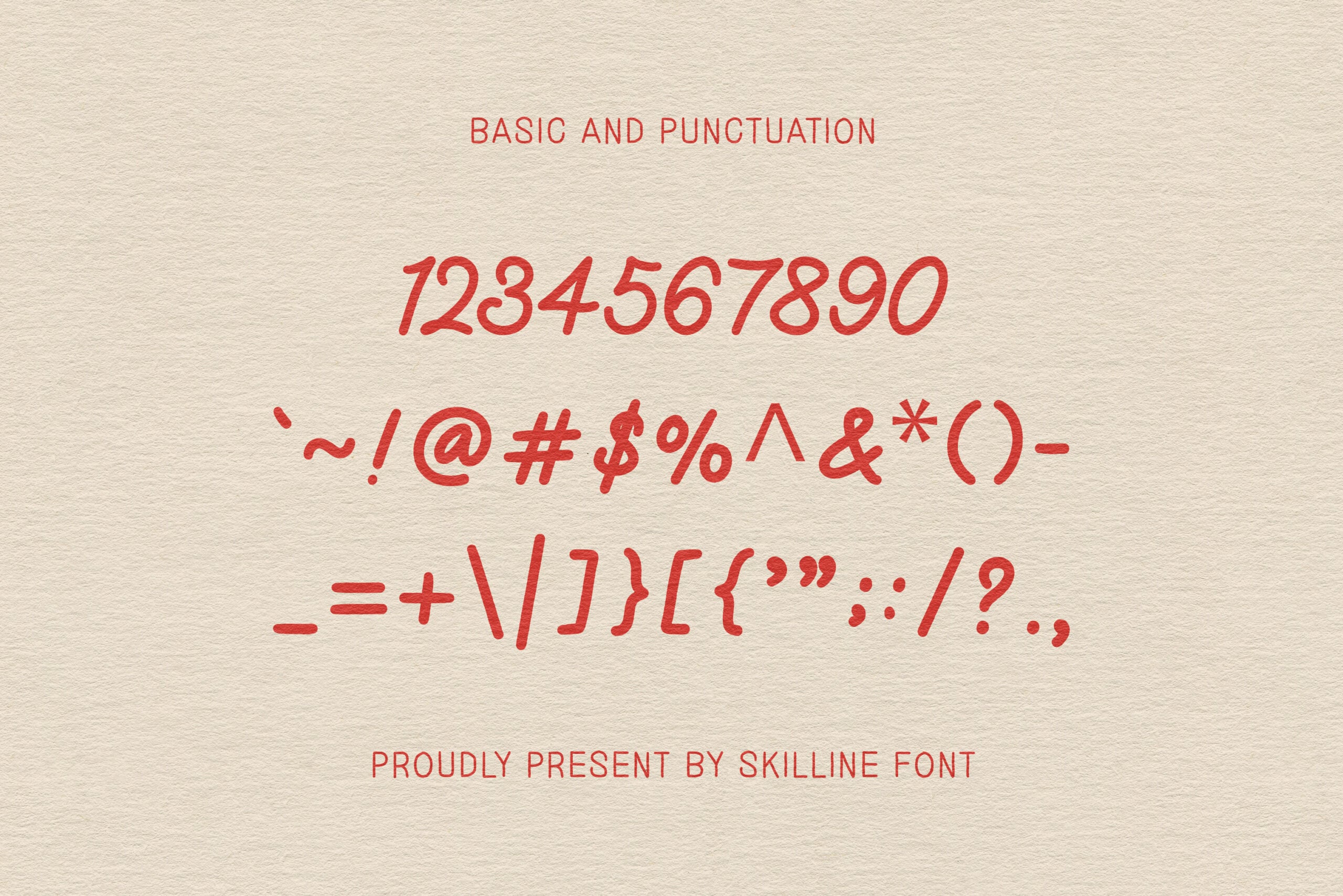 Waymark font numbers, symbols, punctuation marks displayed on cream background
