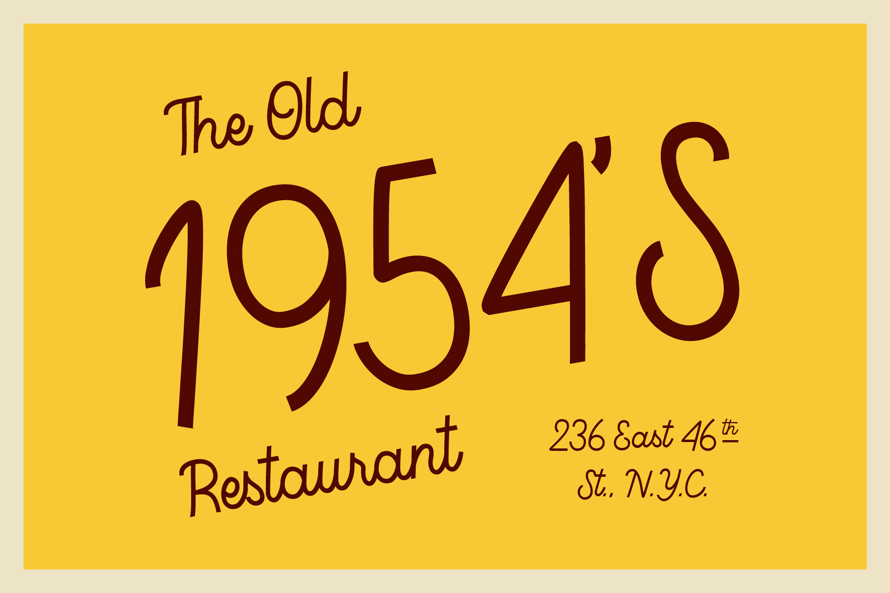 Vintage restaurant address layout with elegant script on yellow card