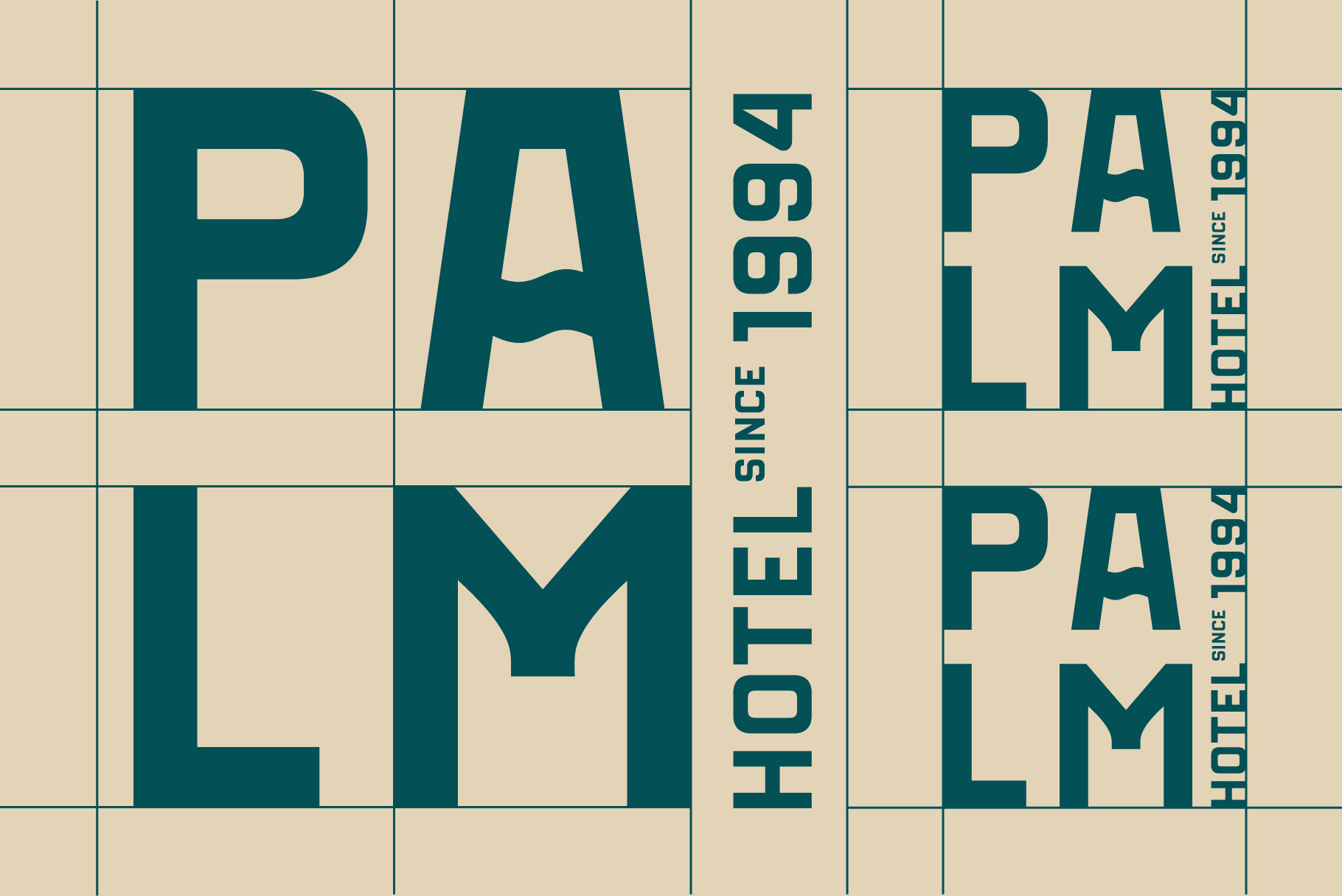 PALM hotel grid layout mockup with teal letters on beige background
