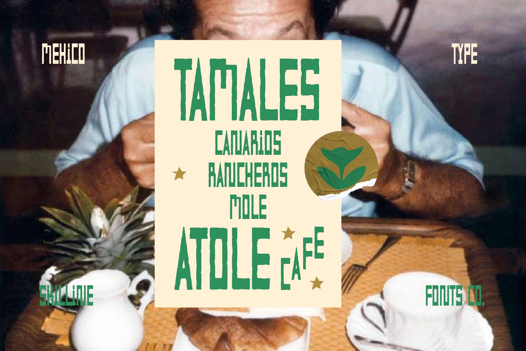 Man holding cream poster with tamales text in green