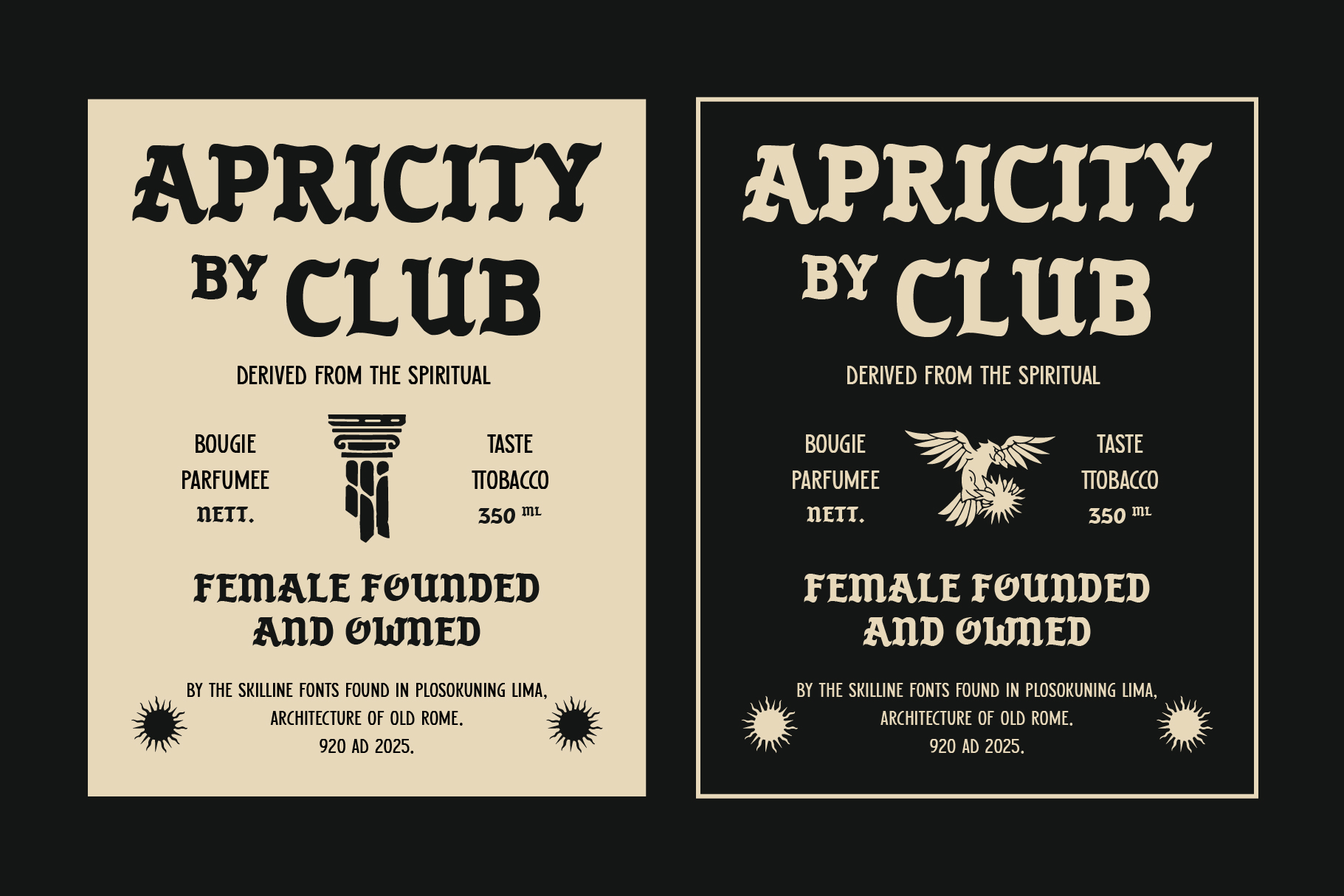 Two perfume label designs side by side, cream on light, cream on dark